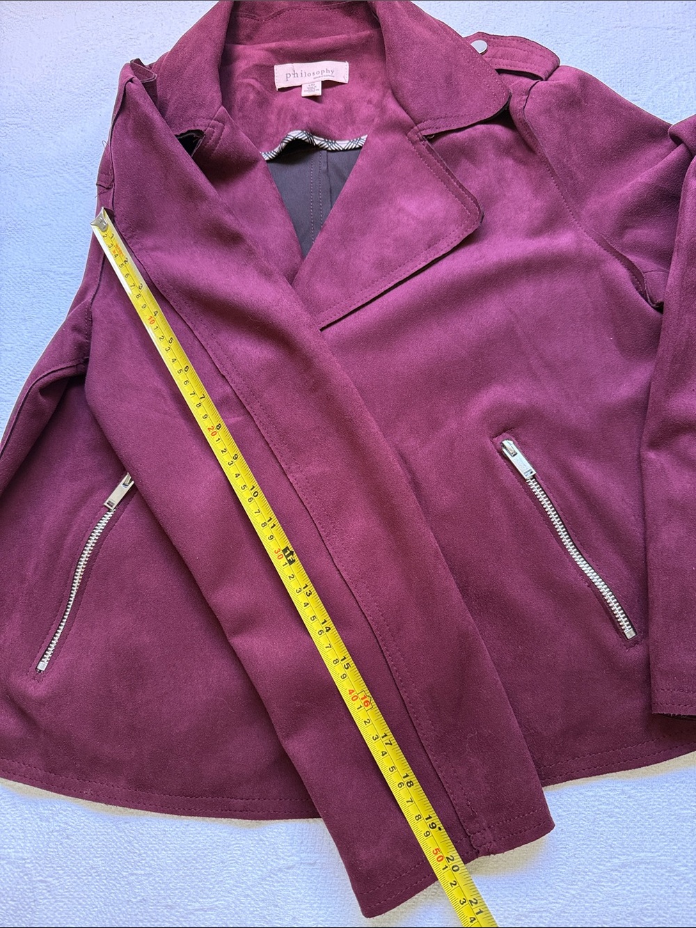 Philosophy Suede-Look Moto Jacket in Burgundy Red size L Chic Zip Detail Biker - Picture 10 of 16